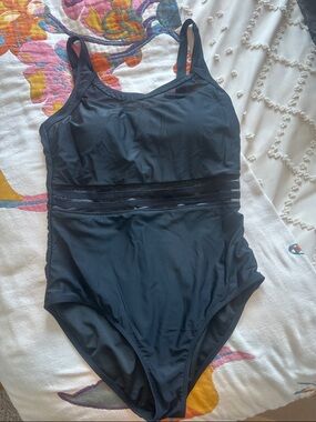 Sleek Black One-Piece Swimsuit with Sheer Waist Band